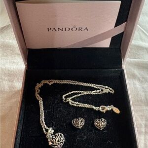 Retired Pandora Flourishing Hearts silver pendant, necklace & matching earrings